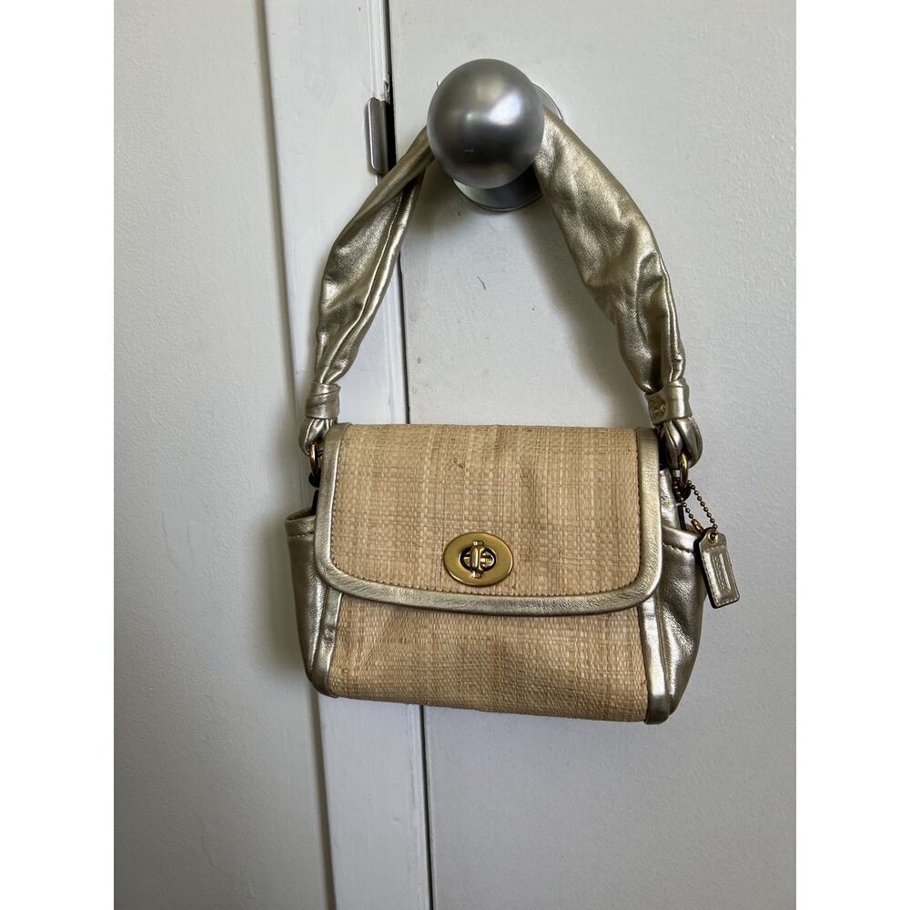 Coach Parker Straw Top Handle Handbag GOLD leather trim #42475